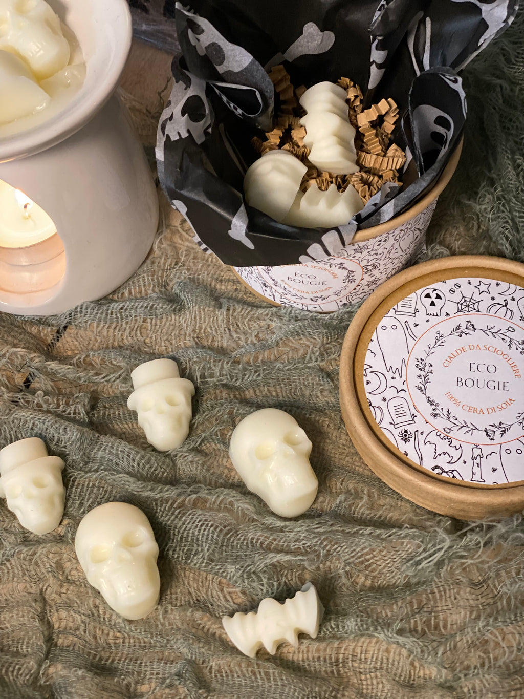 Cialde Spaventose Halloween EcoBougie – Scheletri & Pipistrelli | Zenzero & Vaniglia / Mirtillo & Limone