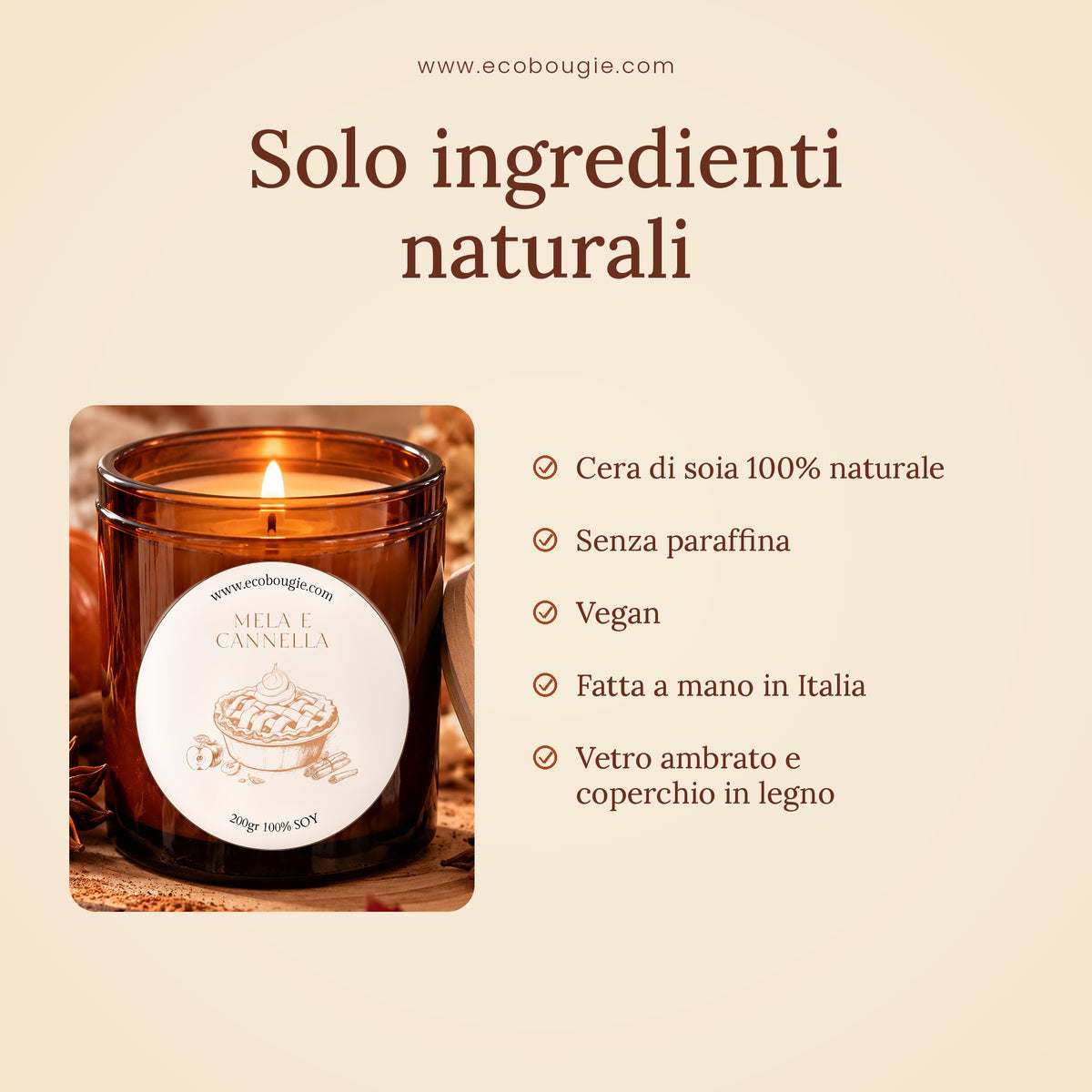 Candela Mela e Cannella – Candela di soia profumata fatta a mano, 200 g